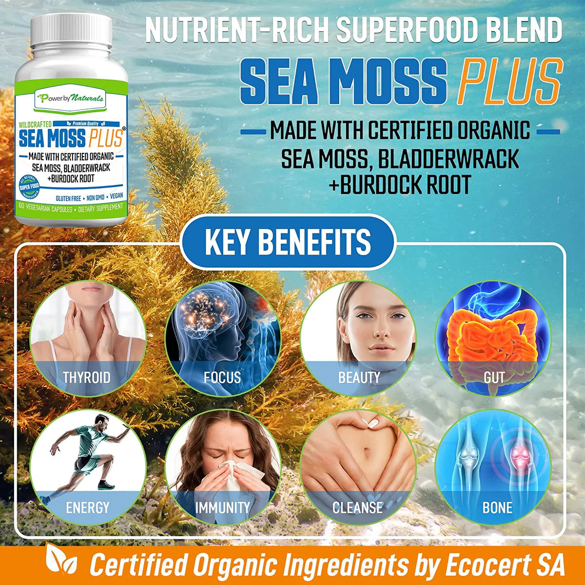 Sea Moss Plus (Irska morska Mahovina obogaćeno sa) + Bladderwrack + korijen Čička; 30 kapsula-;Powered by Naturals-USA; širok spektar zdravstvenih prednosti