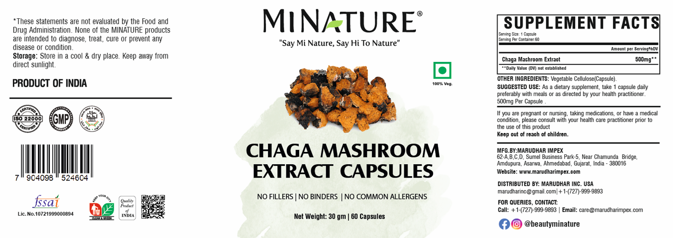CHAGA-ČAGA Extract, full spectrum 500mg-60 kaps., "Mi Nature"-Indija sa sertifikatom i polisaharidi 20.26 %;podizanje Imuno podrške,jetri i detoxikacija tela,anti age učinci