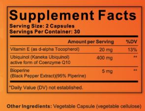 Ubikinol CoQ10 KANEKA-MEGA Ubiqunol 400mg u 2 kaps. (60 caps,);Extra snage + dodatak Vit.E i Bioperina;;"Japan-Hanzhong Bingo Aladdin Co.Ltd" za USA/EU ;Za bolji rad srca-energije,mozak,jetra i još toga ; REKLAMNA cena