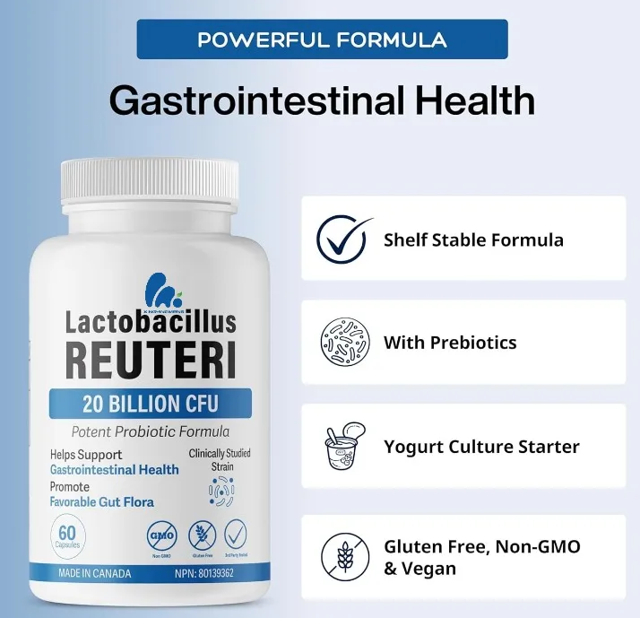 Lactobacillus RAUTERI 20 milijardi-probiotik 60 caps.podrška Probavi-zdravlja creva i Srca,jačanje imuniteta, povećanje oksitocina, poboljšanje raspoloženja i pomoć u postizanju dobre kvalitete sna.Proizedeno za Kanadu-Preporčljivo od Dr.Nestorovića