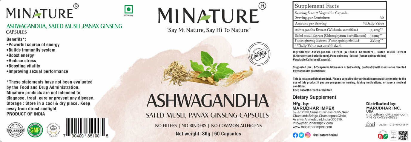 Ashwaganda (Ašvaganda sa dodatkom Safed Musli i Panax Ginseng)-60 caps."Mi Nature"-pomaže tijelu da se prilagodi stresu, povećava energiju, jača imunitet i poboljšava vitalnost. Djeluje sinergijski na hormonalnu ravnotežu, libido i mentalnu otpornost.