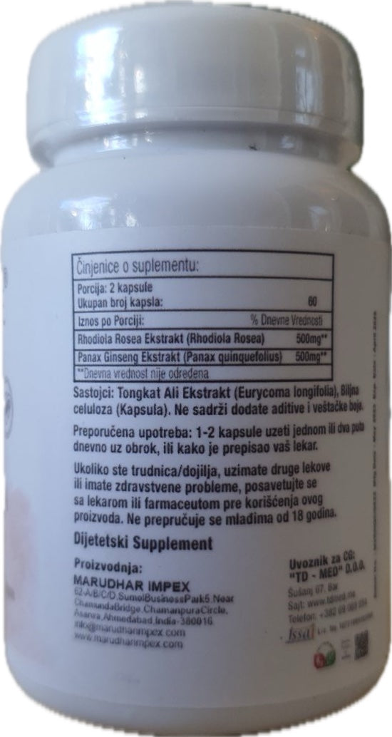 Rhodiola+Panax 60 caps(dnevna doza u 2 kaps, je 1000mg). Mi Nature;Pomoć- podršku za manje stresa(akcioznost,depresiju),umora i više mantalne jasnoćei energije