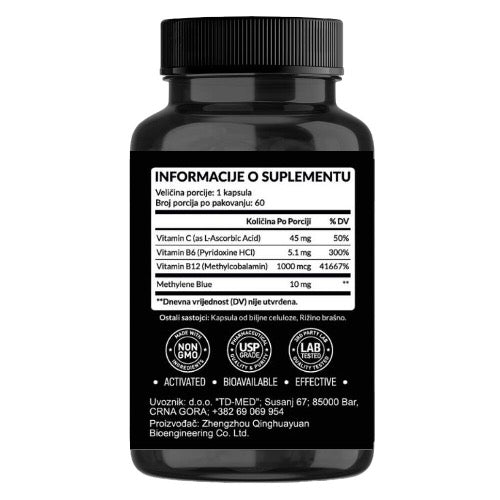 METILEN PLAVO u 60 kapsula,(Methylene Blue) 10mg;sa dodatkom Vit.C + B12; za Poboljšanje funkcije mozga,Podrška energiji i metabolizmu,prevenciji neurodegenerativnih bolest i još toga...Naš Brend proizveden za nase tržište!(bez plavog otiska u ustima!)