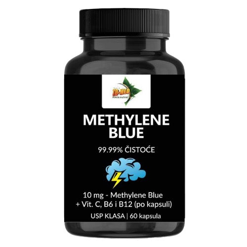 METILEN PLAVO u 60 kapsula,(Methylene Blue) 10mg;sa dodatkom Vit.C + B12; za Poboljšanje funkcije mozga,Podrška energiji i metabolizmu,prevenciji neurodegenerativnih bolest i još toga...Naš Brend proizveden za nase tržište!(bez plavog otiska u ustima!)
