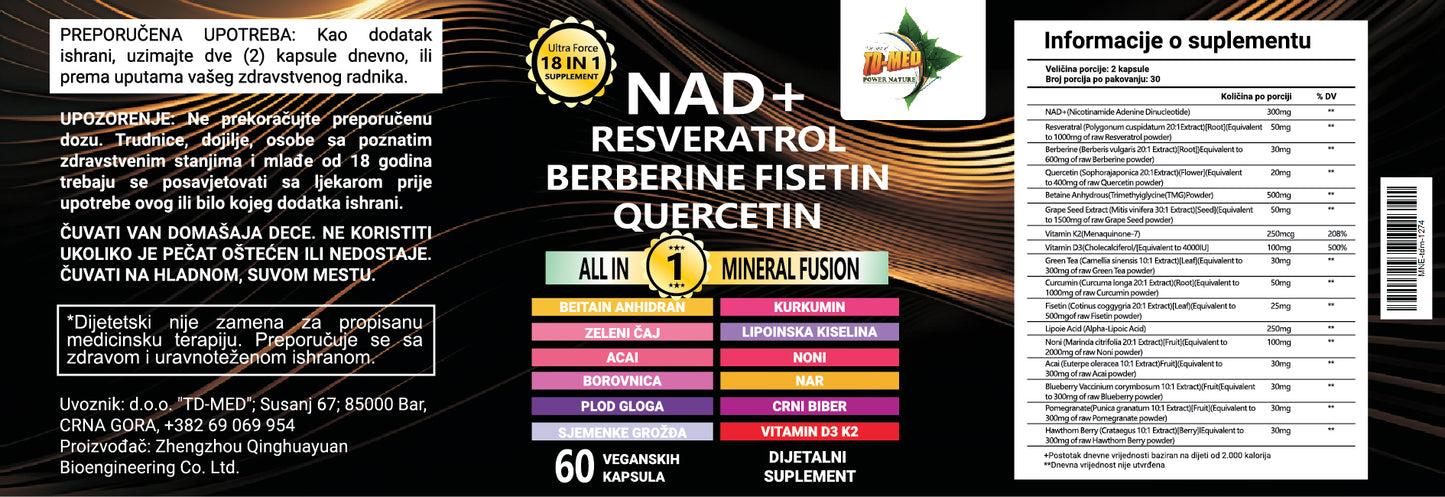 NAD+ 60 kaps;sa Resveratrolom,Berberin,Fisetin,Quercentinom i mešavinom biljnih extrata (Acai,Noni,Kurkuma,Zeleni caj,Glog,Borovnica.Nar , Extract Crnog Bibera,VitaminD3+K2)...za PODMADJIVANJE,protiv starenja, i Imunitet sa Antioxidantima