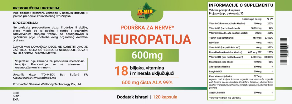 Neuropathy-Neuropatija suplement;120 kapsula,18 u 1 ;Za pomoć kod neuropatskog bola,za stopala,potkožnog tkiva,ramena ,ruke, prste,noge i poboljšanje funkcija nerava;REKLAMNA AKCIJSKA cijena!!!