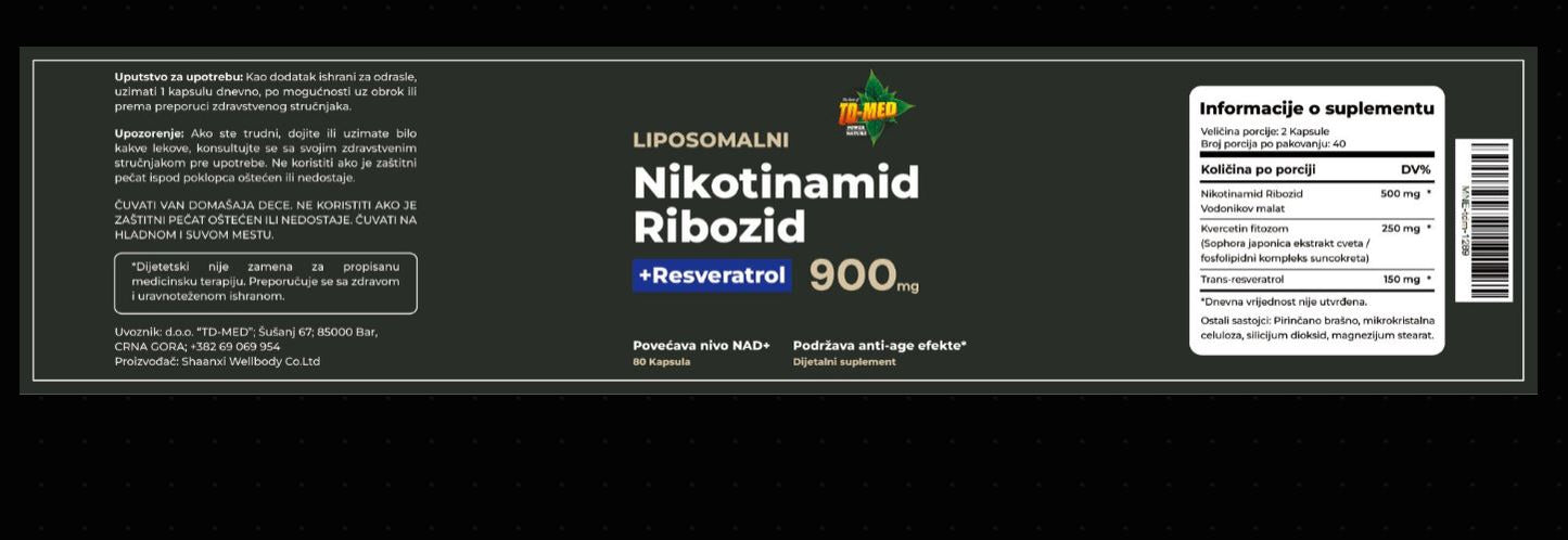 NR -Liposomalni (NICOTINAMID RIBOZID) +Rezveratrol,Quercentin, 60 caps./900mg;Povećava nivoe NAD+ i efekte protiv starenja (podmaldjivanje ćelija kože i tijela,mišica i energije).Sa boljom apsorcijom! naš Brend "TD-MED" po normalnoj cijeni!