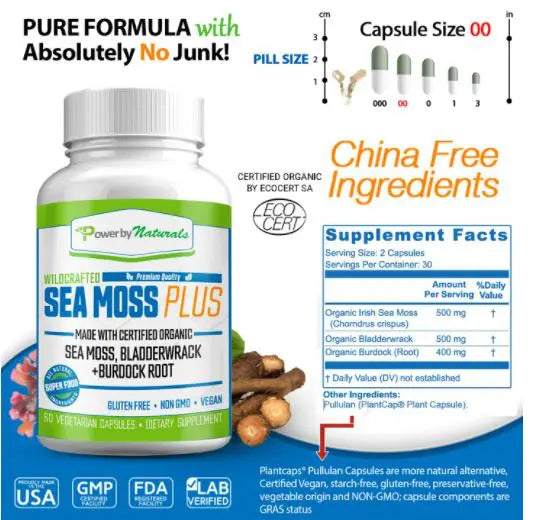 Sea Moss Plus (Irska morska Mahovina obogaćeno sa) + Bladderwrack + korijen Čička; 30 kapsula-;Powered by Naturals-USA; širok spektar zdravstvenih prednosti