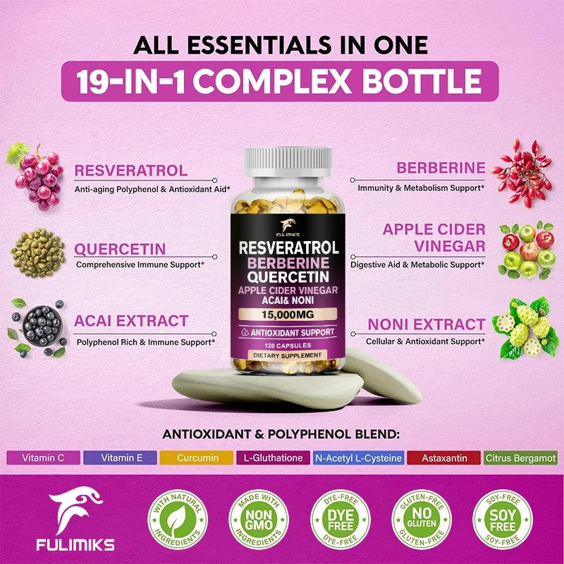 Resveratrol+ ( sa Berberinom,Quercentinom, Jabukovo sirće (ACV),i sa mješavinom antioksidanata i polifenola...);60 kapsula -za mesec dana korišćenja;Za vaš kardio-vaskularni sistem,Holesterol,dijabetis i imunitet