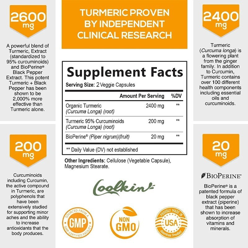 Kurkuma-Turmeric Kurkumin;60 kaps.-sa BioPerine,(95%;kurkumina) - podržava zdravlje zglobova (elastičnost i ukočenost),probave, antioksidans i imunitet,kardio-vaskularno zdravlje;2600,mg u 2 kapsule,Coolkin USA