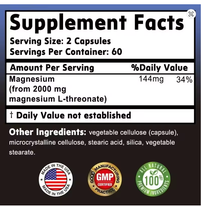 MAGTEIN-(NEURO-MAG.)L-Threonate;120 caps.-1000mg;Dnevna doza 2 kaps-2000mg;Za bolje pamćenje i memoriju,bolji rad moždanih ćelija...Reklamna AKCISKA cijena,popust 50%; Somiing USA