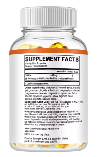SAMe 400mg-60 kaps(S-adenozilmetionin) u dozi od 400 mg dnevno u 2 kaps. može pružiti niz potencijalnih koristi, posebno za mentalno zdravlje, zglobove i funkciju jetre .Super Reklamna Akciska cena !!!!