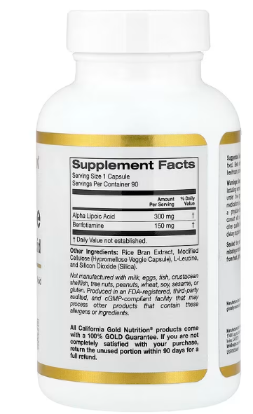Benfotiamin 150mg + alfa-lipoična kiselina 300mg/90 caps;Carifornia Gold USA; metabolizam šećera,u borbi sa insulinskoj rezistenciji,podrška energiji i nervnom sistemu