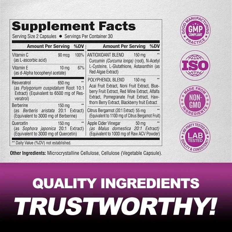 Resveratrol+ ( sa Berberinom,Quercentinom, Jabukovo sirće (ACV),i sa mješavinom antioksidanata i polifenola...);60 kapsula -za mesec dana korišćenja;Za vaš kardio-vaskularni sistem,Holesterol,dijabetis i imunitet