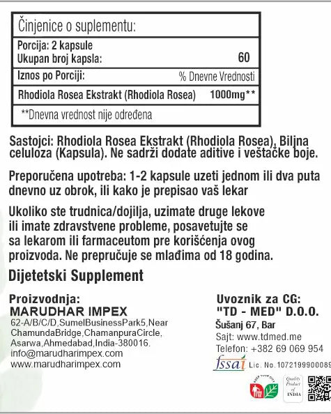 Rhodiola Rosea 1000mg 60 kapsula - etiketa