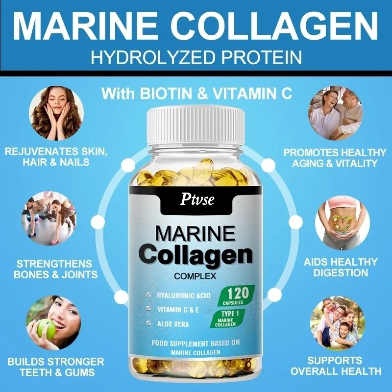 Morski Kolagen(Marine Collagen Hidrolizovani) 120 soft gell kapsula;Obogaćen sa Alojom,Vit.C,E Selenom,Vit,D,Hlauronskom kiselinom  bitnim dodatcima,za vašu kožu,nokte,kosu i podmaldjivanje;REKLAMNA AKCIJSKA CIJENA !!!!