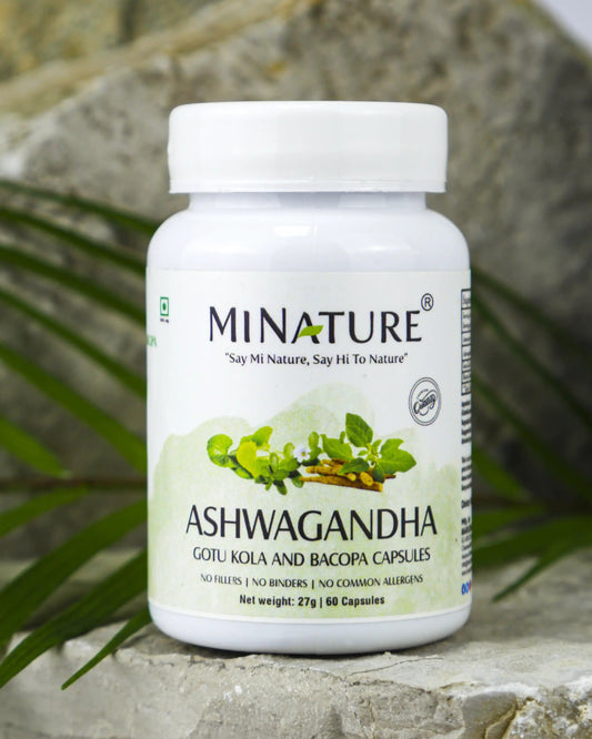 Ashwagandha sa Gotu Cola +Brahmi(Bacopa) Extract 60 caps/1000mg dnevna doza 2 kaps.-3 u 1 u kapsuli;"Mi Nature"-Indija ,Snažna podrška za Stres, Fokus, pamćenje i emocionalnu ravnotežu