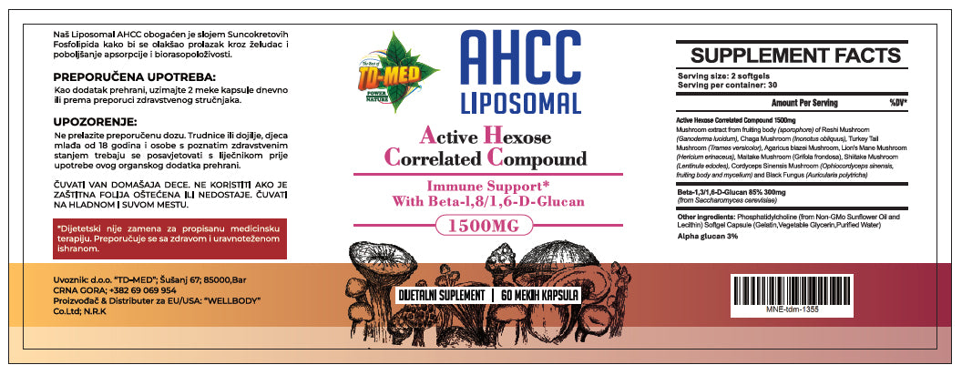 AHCC Liposomal 60 caps.1500mg-(2 caps doza) sa dodatkom Beta Glucana za pojačanje imuniteta;Jedinstveni oblik sa mnogo više benefita na našem tržištu prvi put,Naš brend sa Reklamnom Akciskom cijenom