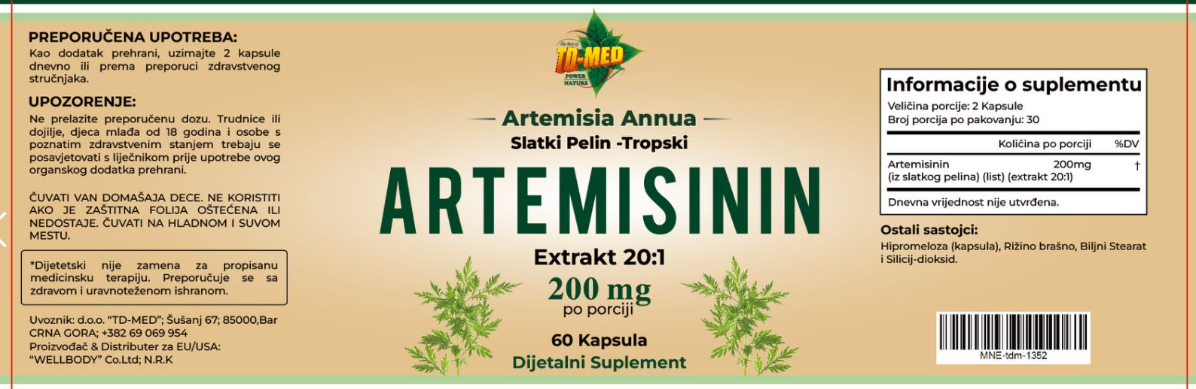 Artemisinin (Artemisia Anua)Slatki Pelin Extract 20:1,60 kaps.;Doza u 2 kaps. je 200mg Extrata,Wellbody za USA i za TD-MED; REKLAMNA CENA !!!