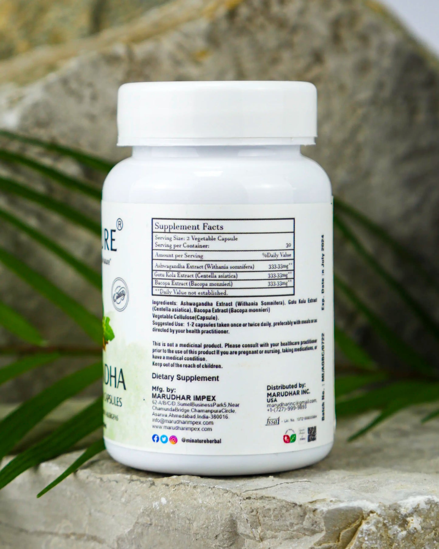Ashwagandha sa Gotu Cola +Brahmi(Bacopa) Extract 60 caps/1000mg dnevna doza 2 kaps.-3 u 1 u kapsuli;"Mi Nature"-Indija ,Snažna podrška za Stres, Fokus, pamćenje i emocionalnu ravnotežu