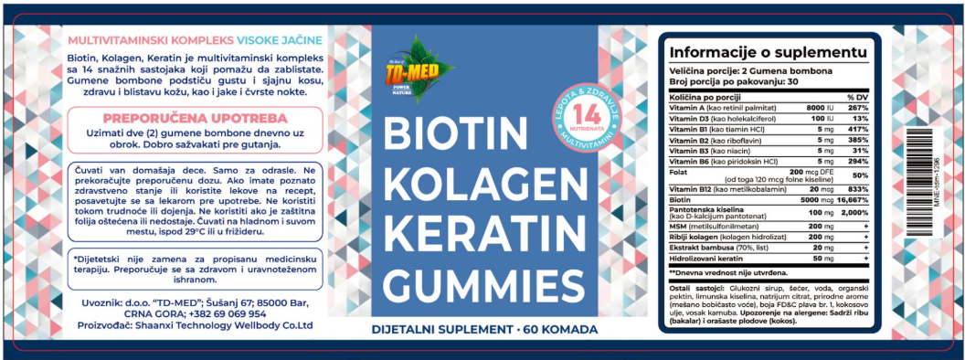BIOTIN KOLAGEN KERATIN 60 GUMMIES;Podrška zdravoj, gustoj i sjajnoj kosi,noktima,koži i Prirodni izvori lepote; Naš BREND-Iskoristite REKLAMNU cijenu....