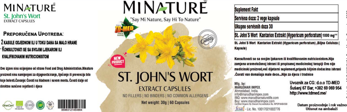 Kantarion - St. John's Wort 500mg/1000mg u 2 kaps.mg 60 kaps."Mi Nature"-naš brend;za pozitivno raspoloženje,manje stresa i mentalnom blagostanju ukoliko niste na anti-depresivima