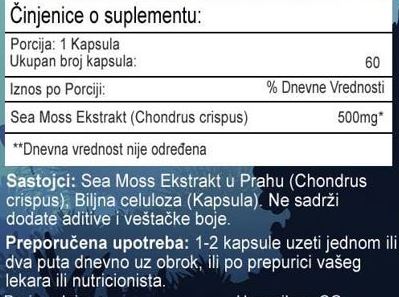 Sea Moss Extract -Morska mahovina 500mg/60 caps. Mi Natureza podrške imunitetu, štitnoj žlezdi, koži,snazi,energiji,kardio-srcu  i još mnog toda...Naš BREND;Iskoristite Reklamnu cenu !
