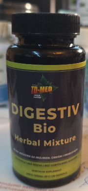 DIGESTIV-Bio(Biljna mješavina) 90 kaps.;Kombinacija prebiotika, probiotika,adaptogena,minerala,biljnih ekstrakata , deluju sinergijski na ravnotežu crevne mikroflore,smanjenje upala, zaštitu sluzokože i poboljšanje varenja; REKLAMNA Akciska cijena !!!!
