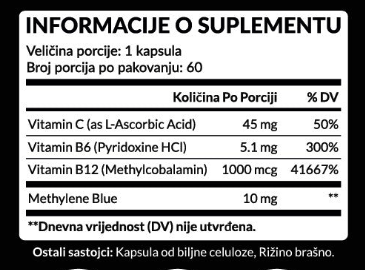 Metilen Plavo 60 kaps,Podržava ćelijsku energiju, mentalnu jasnoću i fokus, uz antioksidativnu zaštitu,podršku nervnom sistemu i umoru ;Kombinuje 10 mg Metilenskog plavog sa vitaminima C, B6 i B12 u kapsuli. Formulisan je u USP klasi; Naš BREND