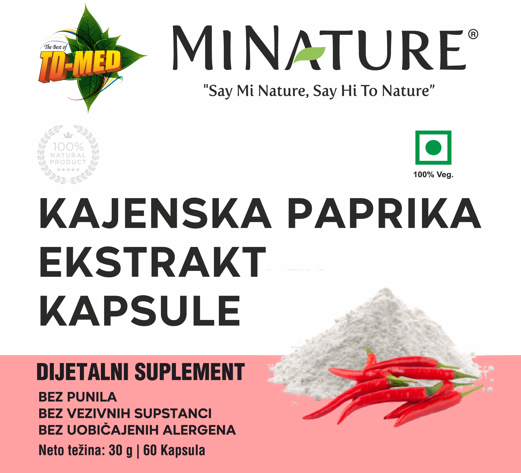 Kajenska paprika Extract-"Cayenne Peper"60 kaps/1000mg u 2 kaps.",Za bolju cirkulaciju,energiju i toplinu tela, manji LDL Holesterol > Naš Brend sa Sertifikatom kvaliteta