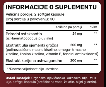 Astaksantin( Astaxanthin) +Ashwagandha i semenke Grožđa extract ulje-visoke snage,120 kaps.( od 24mgAstaxanthina + dodatci u 2 kapsule) ,za zdravlje kardiovaskularnog sistema,očiju,kože,zglobova i imunitet, Reklamna akcija