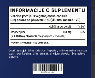 MAGTEIN-"NEURO MAG"-.L-Threonate;120 caps.-iz 2000mg magnesium L-Threonata-;Dnevna doza do 3 kaps-2000mg;Za bolje pamćenje i memoriju,bolji rad moždanih ćelija,ublažava stres ,za bolji san *(veće pakovanje 120 caps.)> NAŠ BREND-Reklamna Akcija !