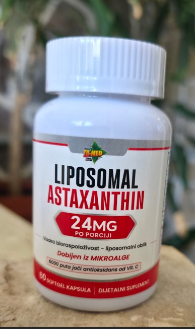 Astaxanthin-Liposomal Astaksantin sa Fosfadiholinon-/24mg-60 soft.gell.(iz mikro algi);Naš brend,prvi put kod nas;Za bolju energiju,imunitet,regeneraciju tkiva,za kožu protiv UV zračenja,cirkulaciju,LDL uravnotežuje i mnogo toga;Reklamna cijena