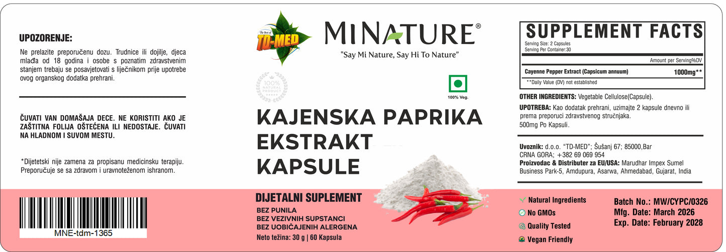 Kajenska paprika Extract-"Cayenne Peper"60 kaps/1000mg u 2 kaps.",Za bolju cirkulaciju,energiju i toplinu tela, manji LDL Holesterol > Naš Brend sa Sertifikatom kvaliteta