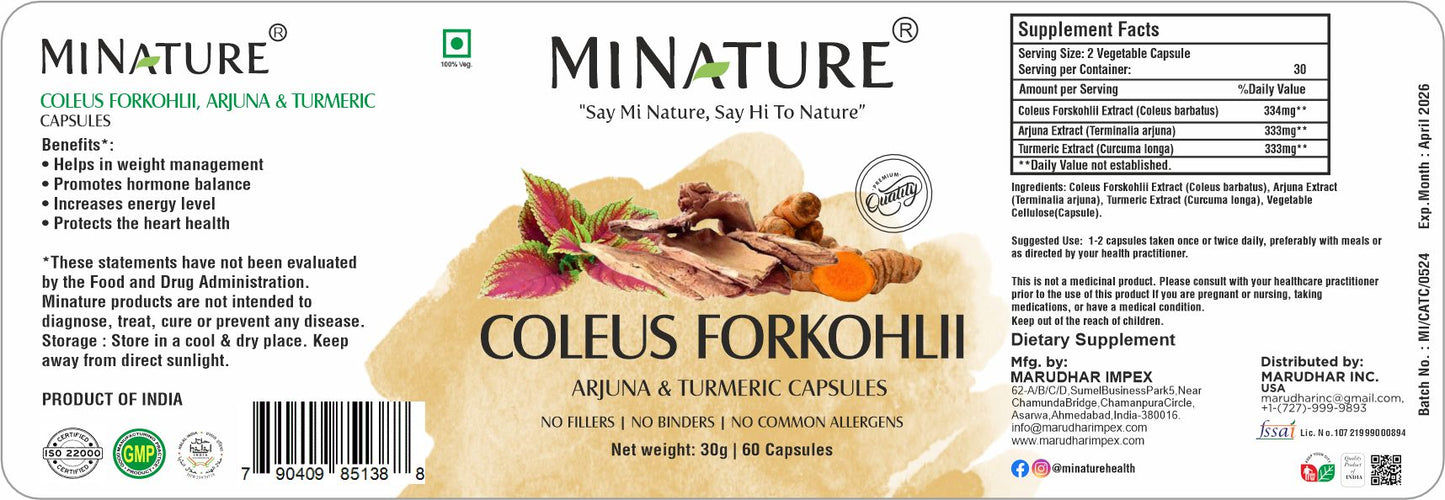 Coleus Forskohlii + Arjuna + Kurkuma(3u1-Complex)-60 caps.Prirodna podrška zdravlju srca i krvnih sudova,bolji protok krvi, cirkulaciji i metabolizmu,Mi Nature Original,Reklamna Akciska cijena(Prvi put na našem tržištu)