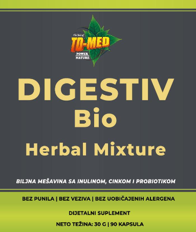 DIGESTIV-Bio(Biljna mješavina) 90 kaps.;Kombinacija prebiotika, probiotika,adaptogena,minerala,biljnih ekstrakata , deluju sinergijski na ravnotežu crevne mikroflore,smanjenje upala, zaštitu sluzokože i poboljšanje varenja; REKLAMNA Akciska cijena !!!!