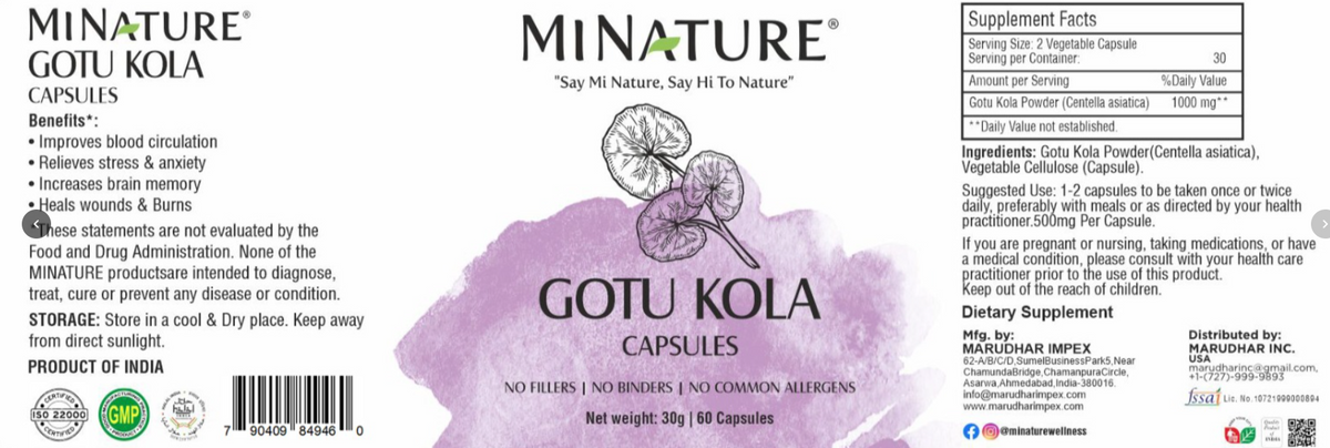 Gotu Kola 60 kaps.,doza u 2 kapsule je 1000mg;"Mi Nature"-Indija; Poznata u Ajurvedi kao biljka dugovječnosti ,za regenaraciju tkiva,moždano-konigitivna podrška