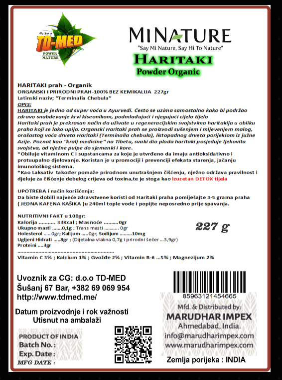 Haritaki u prahu 227g-Organic Indija "Mi Nature"-Detoxikacija crevnog trakta i jetre, podržava korisne crevne bakterije i smanjuje nadutos,bolje varenje,za kosu i još toga