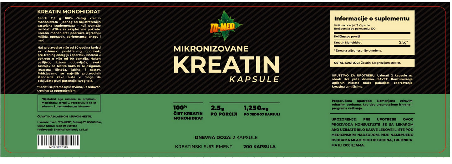 Kreatin Monohidrat Mikronizovani 100 kaps.U 2 kapsule doza od 2,5grama;Izrazito bioraspoloživiji od drugih  i manju gastrointestinalnu nelagodnost....Za veću snagu vaših mišića,energiju i veću izdržljivost. 2 pakovanja uz popust