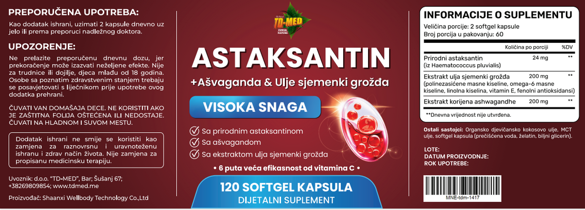 Astaksantin( Astaxanthin) +Ashwagandha i semenke Grožđa extract ulje-visoke snage,120 kaps.( od 24mgAstaxanthina + dodatci u 2 kapsule) ,za zdravlje kardiovaskularnog sistema,očiju,kože,zglobova i imunitet, Reklamna akcija