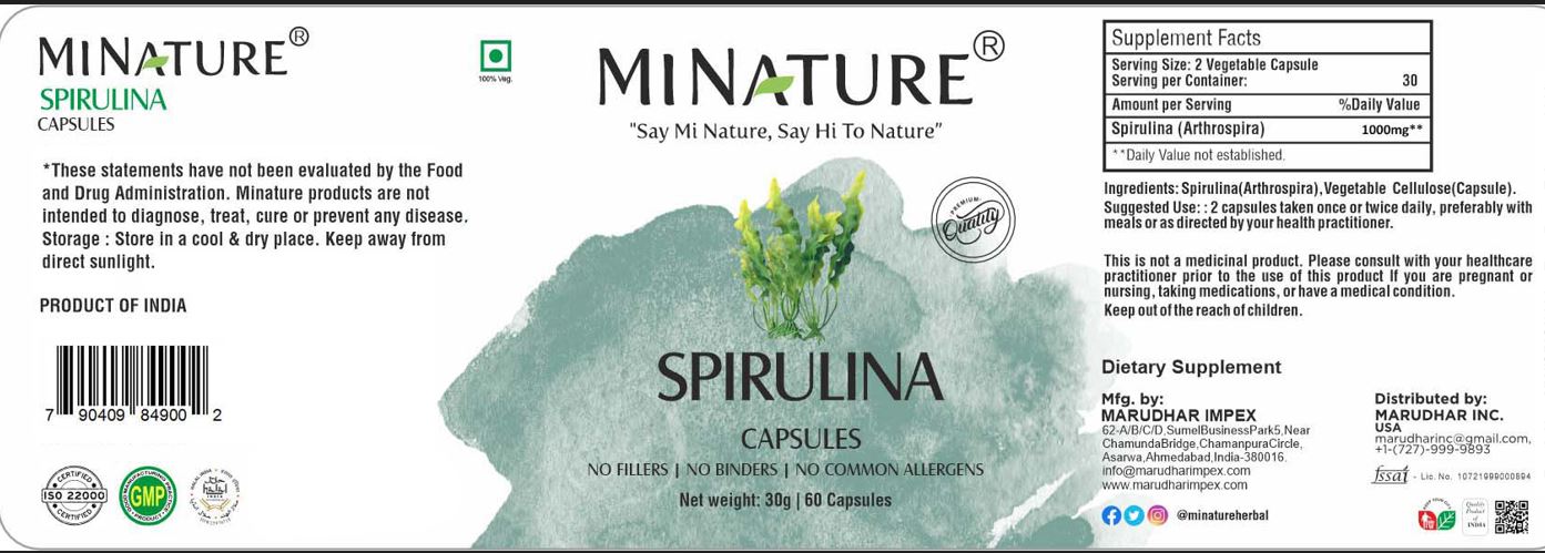 Spirulina 450 mg 60 kapsula-Organik; Mi Nature (India 0RIGINAL),REKLAMNA AKCIJA i izuzetan kvalitet na čistoću sa sertifikatom