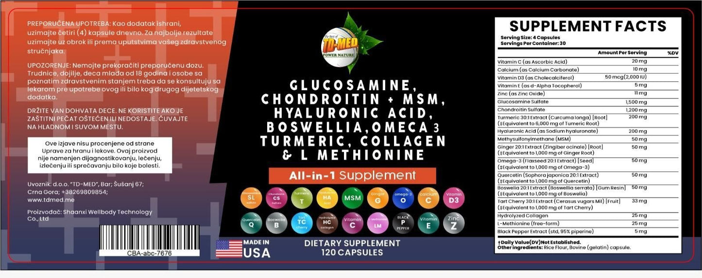 Glukozamin+ dodatci sa Hondroitinom,MSM(Sumpor),Hilauronik Acid,Boswellia(Tamjan),OMEGA3-Lana Extract 20:1,Turmeric(Kurkuma sa kurkuminoidima)Kolagen&L-Metionom;Za vaše kosti i bolne zglobove, za REGENERACIJU!Jedinstvena FORMULA