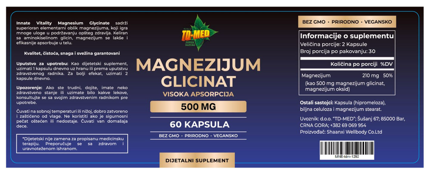 Magnesium GLICINAT(Glycinate) - 500 mg u 2 kapsule;Ublažava stres,bol i grčeve mišića,pomaže kod dijabetisa2,zdravlja srca i nervnog sistema;60 kaps.,VISOKE APSORCIJE,naš Brend za TD-MED