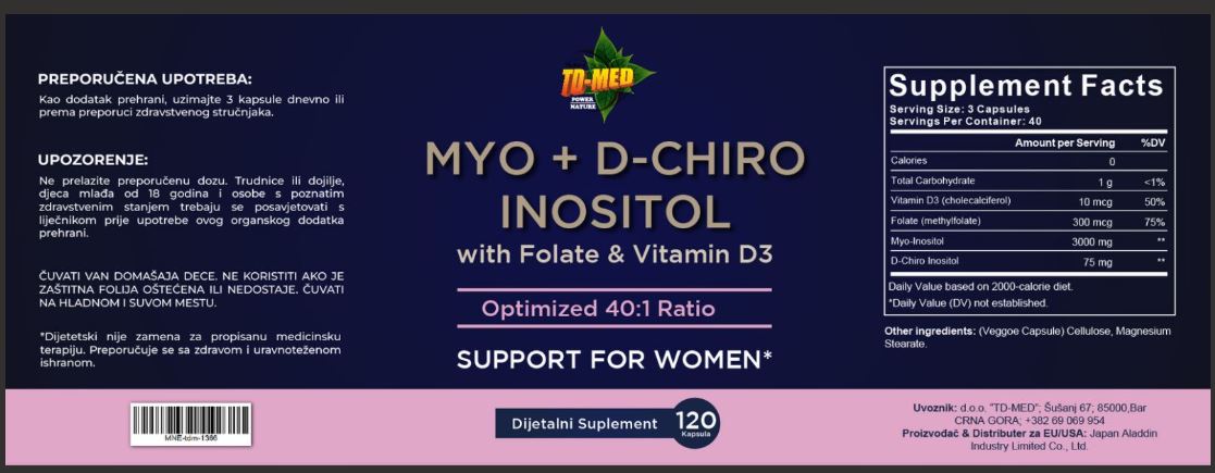 Myo & D-Chiro-Inositol;u120 kaps.Sadrži u 3 kaps:Myo-Inositola3000mg + D-Chiro inozito 75mg;120,+sa Folatom 300mgDFE;- “podrška za hormonsku ravnotežu" ili usputnih probleme Policističnih jajnika ,insulinske rezistencije;Reklamna cijena!