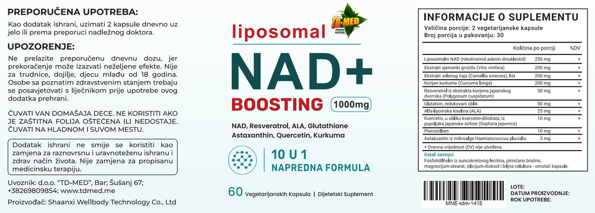 Liposomal NAD+ Boosting 60 caps;10 u 1,Napredna Formula(Energija. Zaštita. Dugoročna vitalnost.)u kombinaciji NAD+, Resveratrola,Quercentina,Glutationa i snažnih biljnih extrata za zdrav proces starenja.,Naš BREND prvi put na tržištu sa Reklamnom cenom