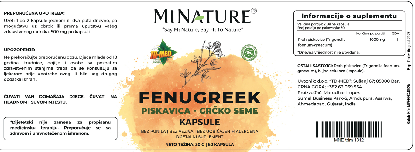 Piskavica-Fenugreek(Grčko seme) 60 kaps.;Mi Nature,za metabolizam glukoze; probleme kod dijabetisa2,Insulinske reistencije,skokove glukoze  poboljšava osetljivost na insulin, boljoj kontroli apetita. može smanjiti LDL i trigliceride;Reklamna AKCIJA !