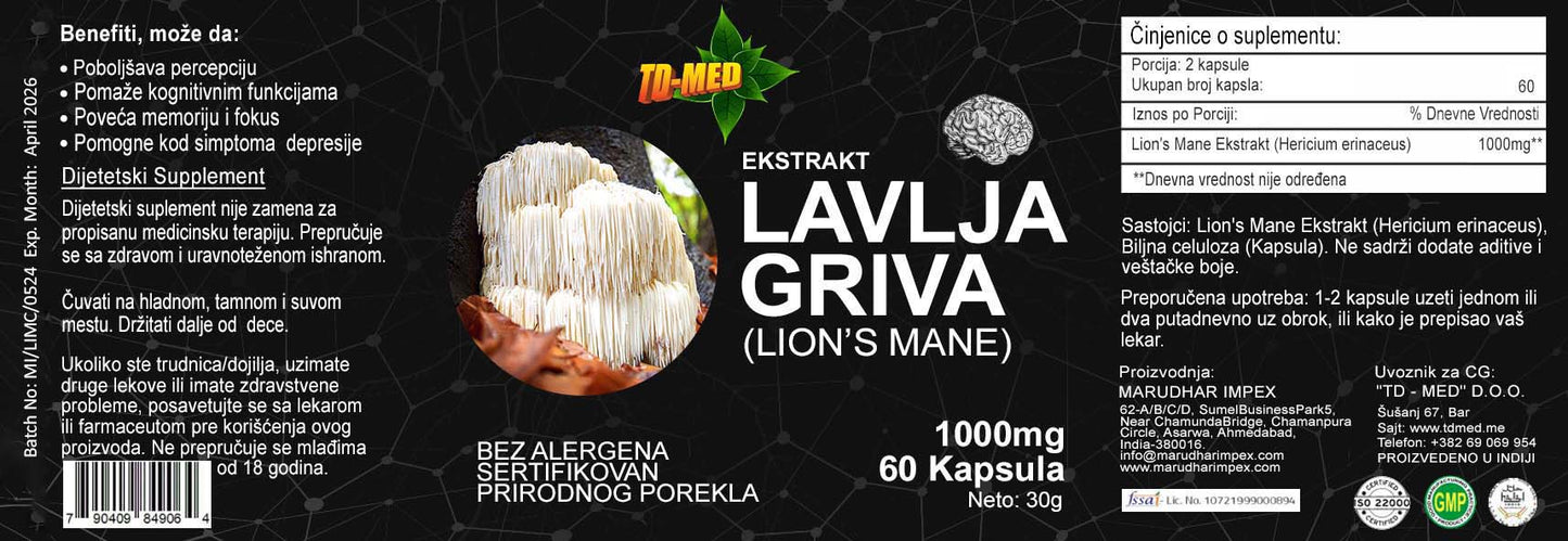 Lavlja Griva-Lion Mane Extract 1000mg dnevna doza u 2 kaps. /60 caps,, Organic Mi Nature;Kao prirodni lek Demenciju i za neurodegenerativne bolesti; Prirodna hrana za moždane ćelije i bolje pamćenje,digestivni trakt ,hormonalni balans i mnogo toga