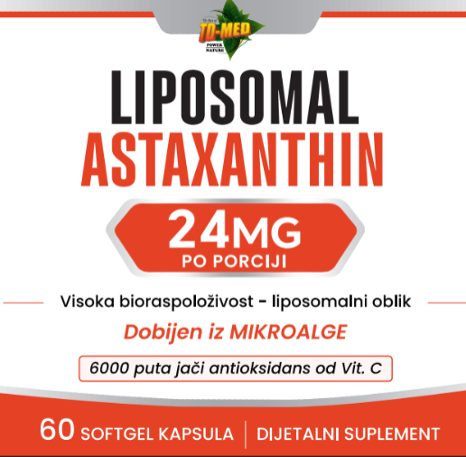 Astaxanthin-Liposomal Astaksantin sa Fosfadiholinon-/24mg-60 soft.gell.(iz mikro algi);Naš brend,prvi put kod nas;Za bolju energiju,imunitet,regeneraciju tkiva,za kožu protiv UV zračenja,cirkulaciju,LDL uravnotežuje i mnogo toga;Reklamna cijena
