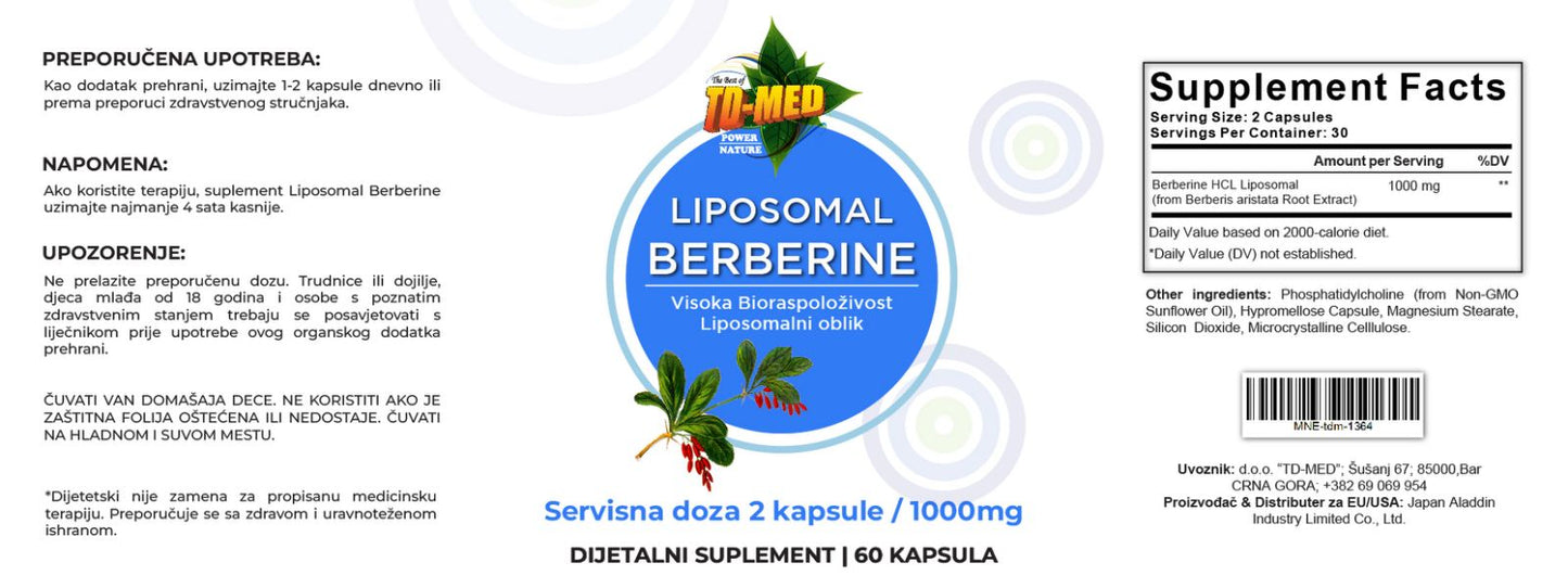Berberin LIPOSOMAL 1000mg/2 kapsule(500mg/ 60 kaps).Podrška metabolizmu, nivou šećera u krvi,insulinskoj rezistenciji,energiji, težini i kardiovaskularnom zdravlju Naš Brend & "Japan-Bingo Aladdin Bio-tech Co.Ltd" za USA/Eu Reklamna cena-ISKORISTE je !