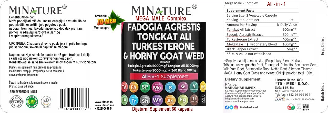MEGA MALE- komplex 60 caps. sa Tongkat Ali,Fadogia,Turkesterone sa komplexom biljnih mocnih dodataka uljučujuću i čiveni Shilajit sa Blak Paperom za bolju apsorciju, Mi NATURE